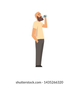Bald Bearded Man Drinking Fresh Clean Water from Plastic Bottle Vector Illustration