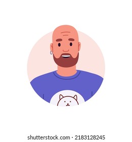 Bald bearded man, head portrait. Male face avatar in circle for user profile. Happy smiling young guy wearing earring. Flat vector illustration isolated on white background