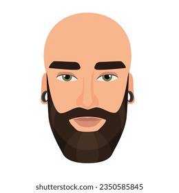 Bald bearded man. Hipster male head, guy wearing earring vector isolated illustration