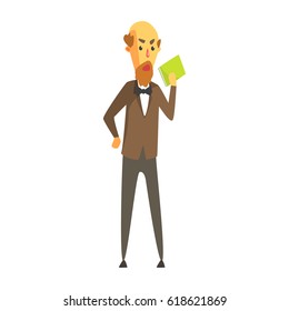 Bald bearded man in a jacket and bow tie standing with book in his hand. Colorful cartoon character