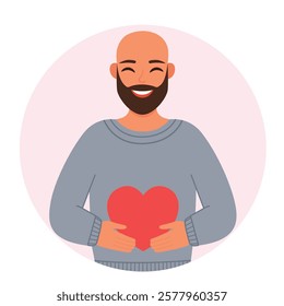 Bald and bearded man in love holding a heart. Vector illustration.