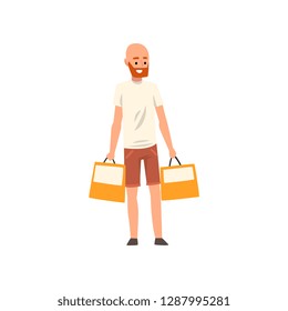 Bald bearded man standing with shopping bags, guy purchasing of goods or gifts vector Illustration