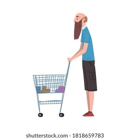 Hombre con barba y calva parado con carro de compras, compras personales en centro comercial o supermercado Ilustración de vectores de caricaturas