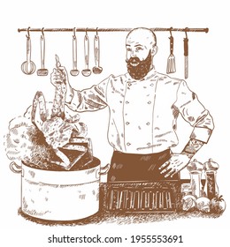 A bald, bearded, stylish chef pulls out a large Kamchatka crab from a cauldron, next to a grill, kitchen utensils. Wow emotions on the chef's face. Vector engraving illustration in brown color.