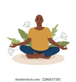 Bald, black skin man woman sitting in meditation pose in nature and leaves. Yoga, meditation, relax, retreat, healthy lifestyle concept. Vector illustration in flat cartoon style