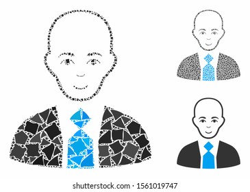 Bald boss composition of bumpy elements in various sizes and color tinges, based on bald boss icon. Vector bumpy items are organized into collage. Bald boss icons collage with dotted pattern.