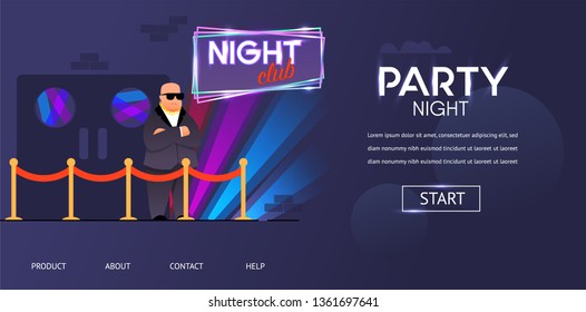 Bald Bouncer in Sunglasses Outside Night Club Entrance Vector Illustration. Cartoon Bodyguard Character at Nightclub Front Door Roped Enter. Face Control Service Dance Party Guest Checking