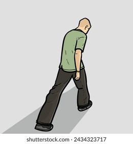 Bald Boy or man or guy facing back side with cool style oversize tshirt pants on grey Background vector modern illustration