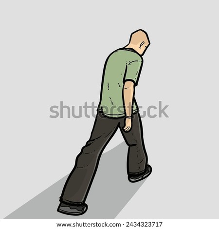 Bald Boy or man or guy facing back side with cool style oversize tshirt pants on grey Background vector modern illustration