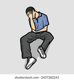 Bald boy or man or guy with shirt long pants laying shoes on the ground with sad pose on grey Background vector modern illustration