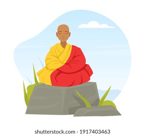 Bald Buddhist Sitting on Stone and Meditating in Yoga Lotus Position Vector Illustration