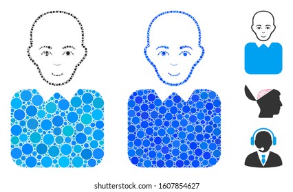 Bald bureaucrat mosaic of round dots in various sizes and color tints, based on bald bureaucrat icon. Vector round dots are organized into blue collage.