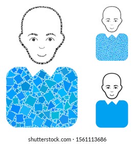 Bald bureaucrat mosaic of rugged items in various sizes and color tones, based on bald bureaucrat icon. Vector ragged items are organized into mosaic.