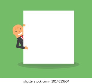 bald business man behind in the big white board and with happy and smile face, simple flat design