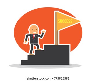 bald business man climbing stair to get success flag
