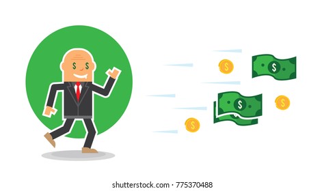 bald business man with dollar eyes is running for money and gold coin
