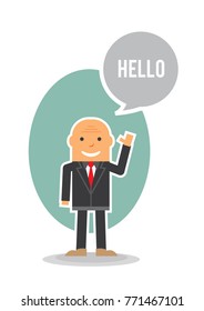 bald business man saying hello and raised hand
