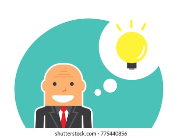 bald business man with smile and have a light bulb idea in flat design