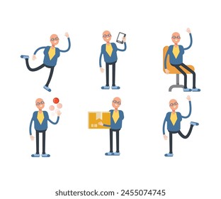 bald businessman characters set in various poses vector illustration