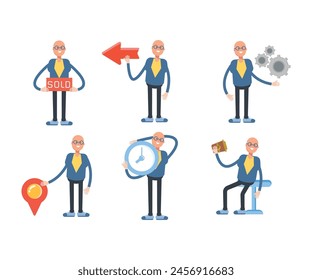 bald businessman characters set in various poses vector illustration