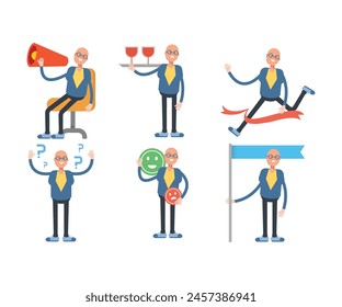 bald businessman characters set in various poses vector illustration