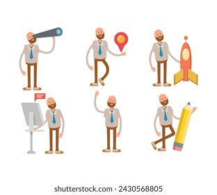 bald businessman in various poses character set illustration