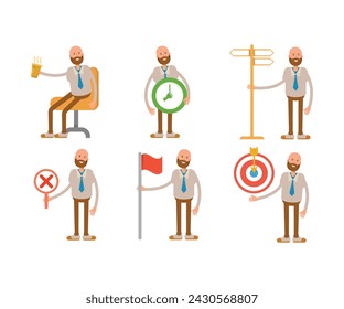 bald businessman in various poses character set illustration