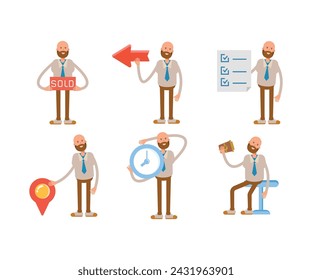 bald businessman in various poses character set illustration