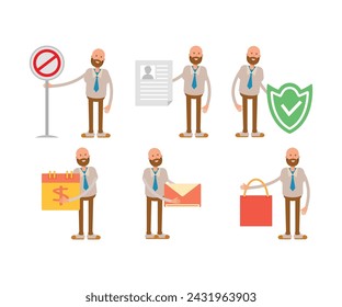 bald businessman in various poses character set illustration