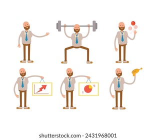 bald businessman in various poses character set illustration