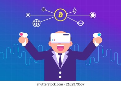 Bald businessman wearing VR in metaverse with Bitcoin cryptocurrency and blockchain illustration