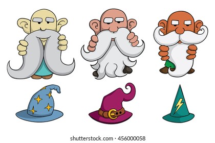 Bald cartoon wizards with their hats