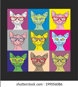 bald cat hipster glasses in the style of Warhol pop art