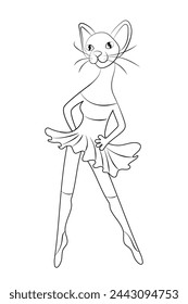 Bald cat Sphinx dancer in fluffy skirt and dance shoes. Vector stylized drawing with one black line on white background. Coloring book for children, silhouette of ballerina anthropomorphic animal