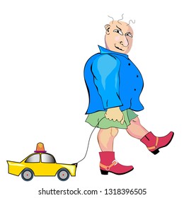 A bald and cheerful man in a jacket and shorts goes and smiles. Toy car carries a rope. 