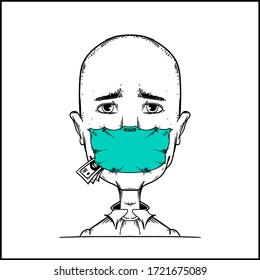 Cara humana calva, limpia, con ojos tristes y mascarilla medica anclada en su cara. Algunos billetes de banco adjuntos a la máscara.