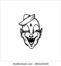 bald clown vampire laughing - vector drawing in the style of engraving. head of an evil clown with sharp teeth laughs. Halloween circus concept