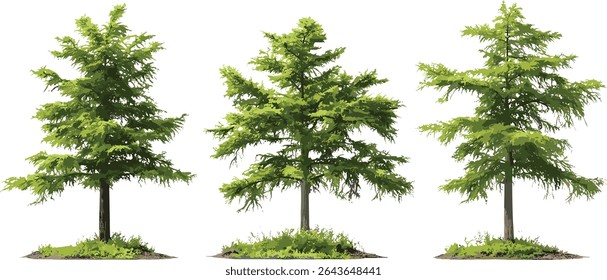 Bald cypress Taxodium distichum isolated frontal trees cutout, swamp cypress wetland plant, baldcypress woodland, vector illustration, floodplain forest, native southern trees, ecological landscape.