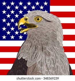 bald eagle against the United States of America's flag. EPS