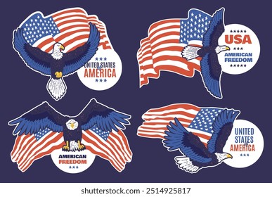 Bald Eagle with American flag. Emblem with wild bird and national symbol United States of America. Patriotic USA sticker design on blue background. Vector flat illustrations set. American freedom