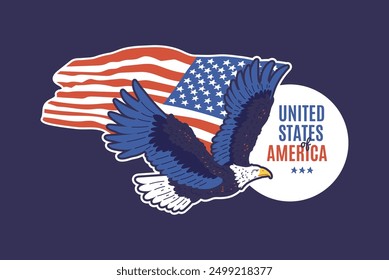 Bald Eagle with American flag. Vector flat illustration. Drawing wild bird with national symbol United States of America. Patriotic USA design on blue background