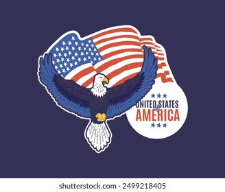 Bald Eagle with American flag. Wild bird with national symbol United States of America. Vector flat emblem illustration. Patriotic USA sticker design on blue background.