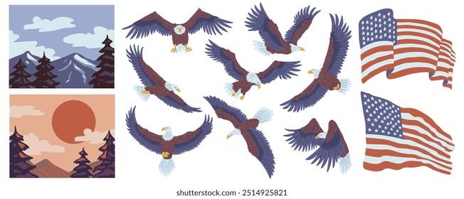 Bald Eagle with American flag. Wild bird with national symbol United States of America. Mountains landscape and sunset. Vector flat illustrations set. Patriotic USA drawings