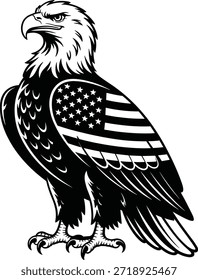 Águia Careca com Asa de Bandeira Americana, Patriótica símbolo dos EUA Ilustração de Vetor Preto e Branco
