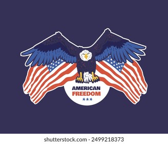 Bald Eagle with American flags. Vector flat illustration. Drawing wild bird with national symbol United States of America. Patriotic USA design on blue background with American freedom inscription