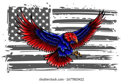 Bald eagle attacking with the flag of USA on the background. Old-school tattoo design.