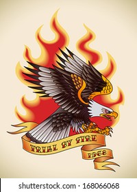 Bald Eagle Attacking Through The Fire And Flames. Old-school Tattoo Design. Editable Vector Illustration.