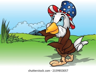 Bald Eagle with Blue Eyes and Uncle Sam Top Hat - Colored Cartoon Illustration with Background, Vector