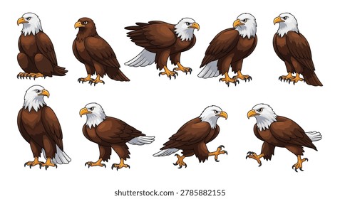 Bald eagle cartoon mascot vector set featuring powerful American eagle birds in different standing and walking poses