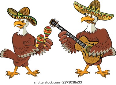 Bald eagle cartoon wearing sombrero playing guitar
